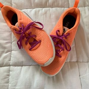 Adidas orange and purple running shoes